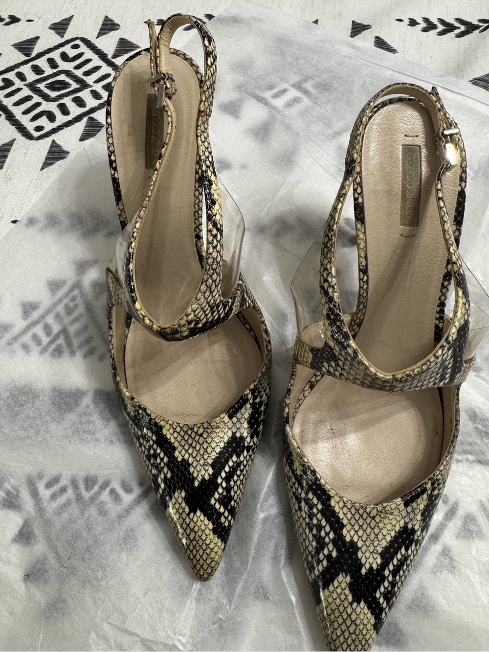 Giorgio Armani Snake-Print Pointed Slingback Heels in Black & Cream